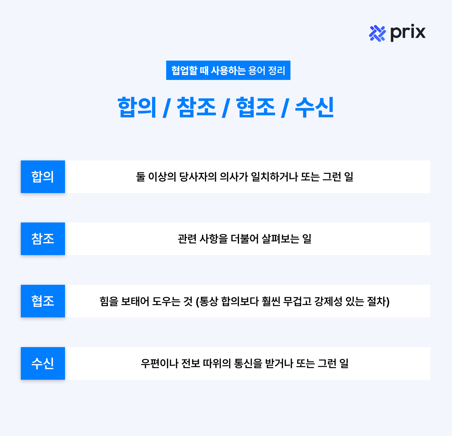 프릭스 부서 간 협업 결재 용어 – 합의, 참조, 협조, 수신 역할과 정의